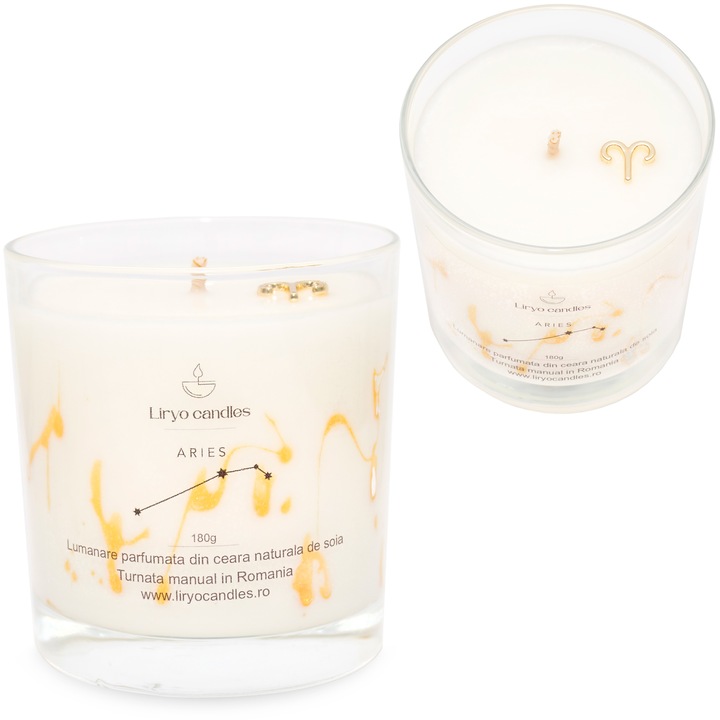 Lumanare parfumata Zodiac Berbec, din ceara soia 100% naturala, Liryo Candles, 180g - parfum White Flowers