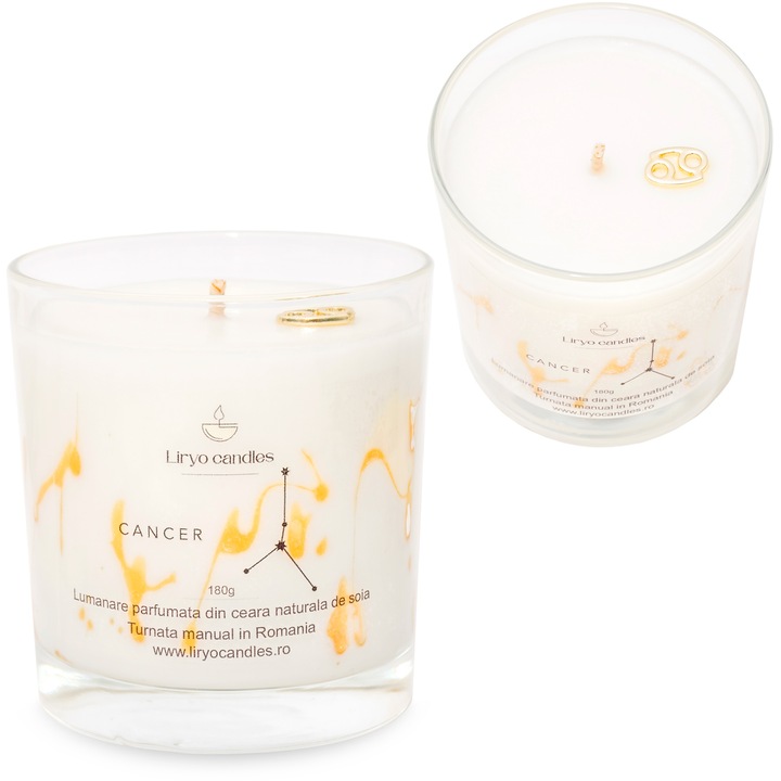 Lumanare parfumata Zodiac Rac, din ceara soia 100% naturala, Liryo Candles, 180g - parfum White Flowers