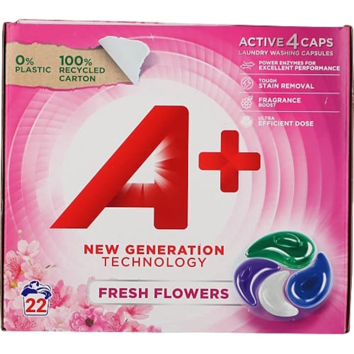 Препарат за пране на капсули, A+, Свежи цветя 4в1, 22 капсули, 22 пранета