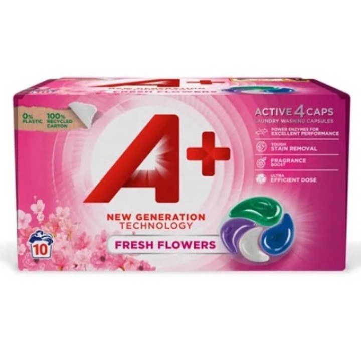 Препарат за пране на капсули, A+, Свежи цветя 4в1, 10 капсули, 10 пранета