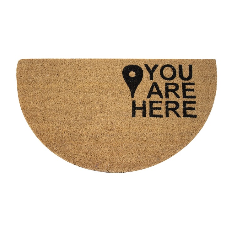 Covoras Intrare Semicerc, Cocco Stamp, 40x70 Cm, Fibra Naturala De Cocos, Baza Antiderapanta Pentru Stabilitate Sporita, Model You Are Here, Curata Eficient Incaltamintea, Ideal Pentru Usa De Exterior Sau Hol, Rezistent La Uzura Zilnica, Maro