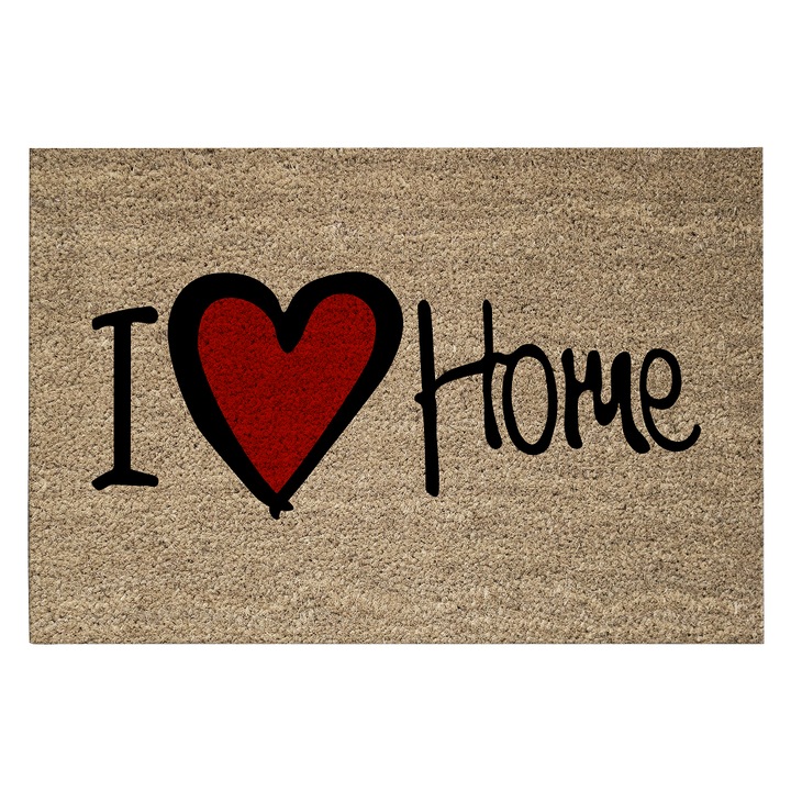 Covoras intrare dreptunghiular, fibra naturala cocos, 40x70cm, antiderapant, model i love home, Cocco Stamp