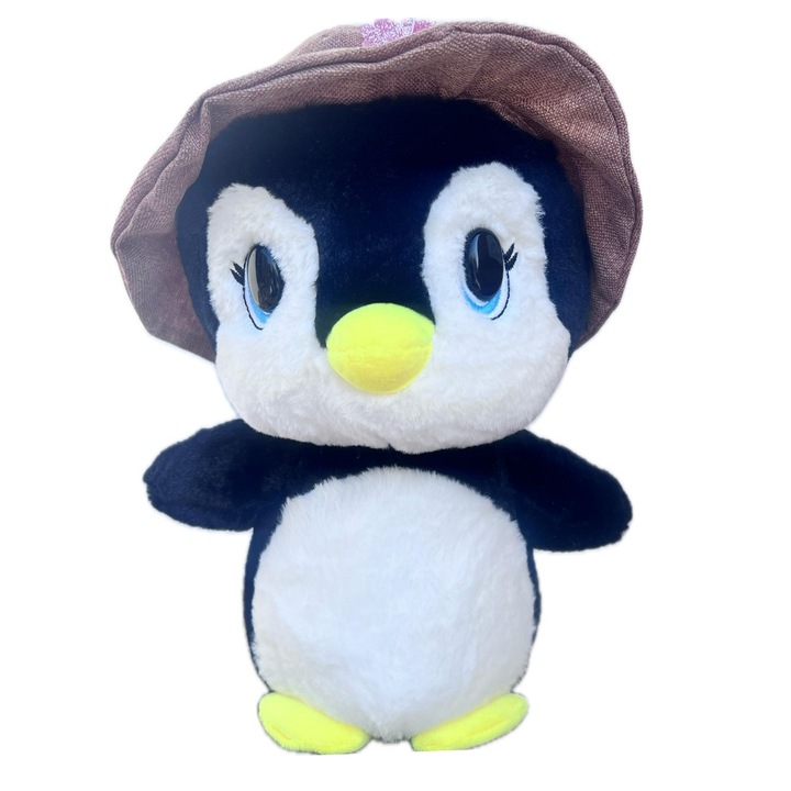 Jucarie plus, Pinguin cu palarie maro, 30 cm