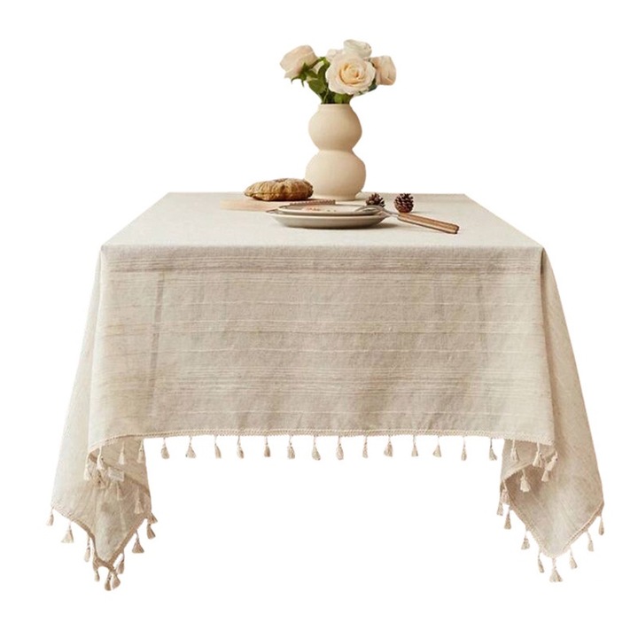 Fata de masa dreptunghiulara, din in cu broderie, accesorizata cu ciucuri 140x220cm, bej