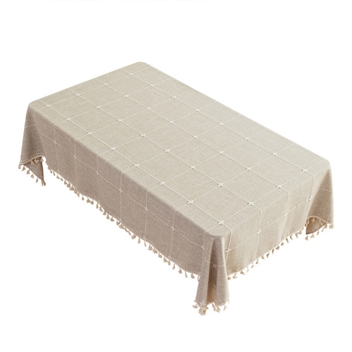 Fata de masa dreptunghiulara, model carouri, din in cu broderie, accesorizata cu ciucuri 140x180cm, bej