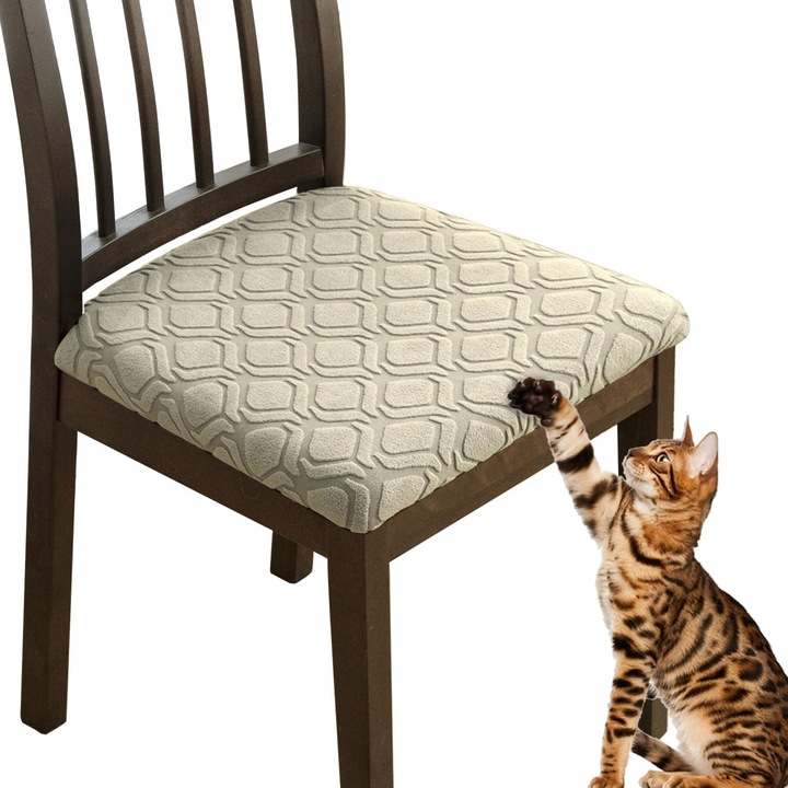 Set de 6 Huse Elastice Scaune KELUINA, Material Jacquard, Lavabile, Culoare Crem, Protectie Pentru Scaune Dining