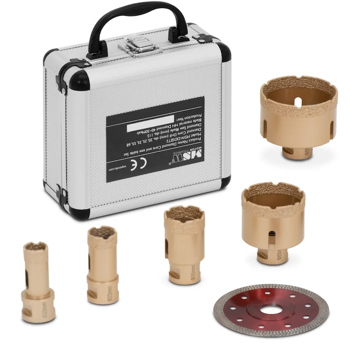 Set de otvornice diamentate 20/25/35/55/68 mm si disc diamentat 115 mm, M14, cu valiza de transport