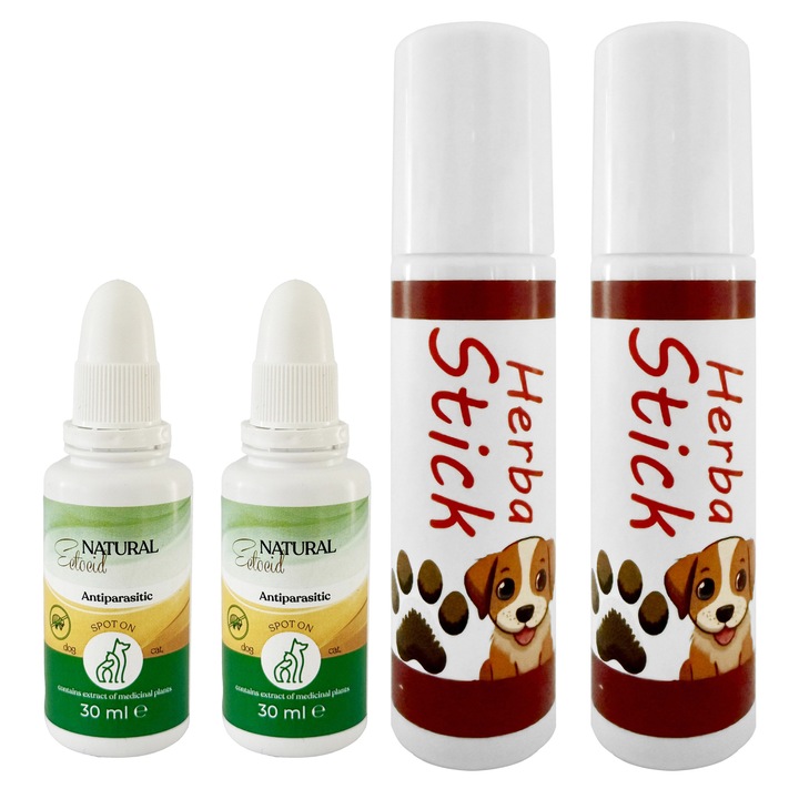 Parazitaellenes csomag, Spot on csepp, kullancsok, bolhák, tetvek, szúnyogok, darazsak ellen, kutyáknak és macskáknak, 2x 30 ml és Stick roll on kutyáknak, megnyugtatja és megakadályozza a mancsok kiszáradását, repedezését és karcolódását 2x10 ml