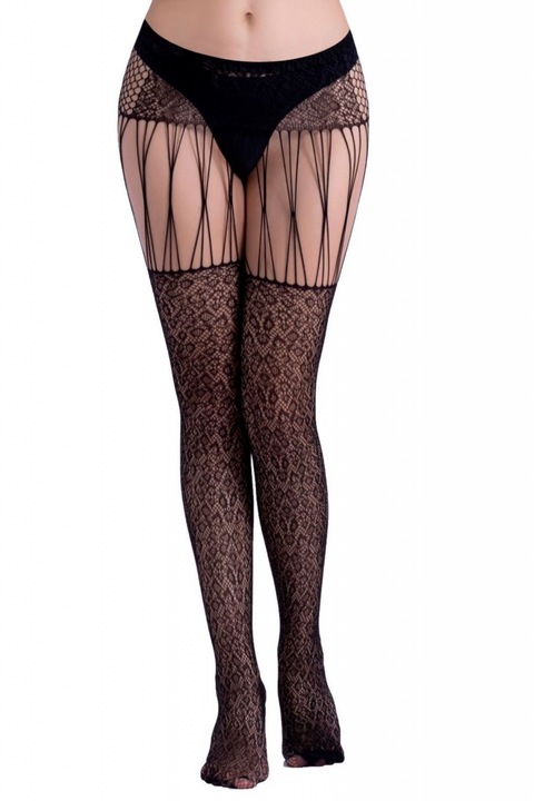 Ciorapi din plasa cu model si jartiere 6082 49672, Negru, S-L