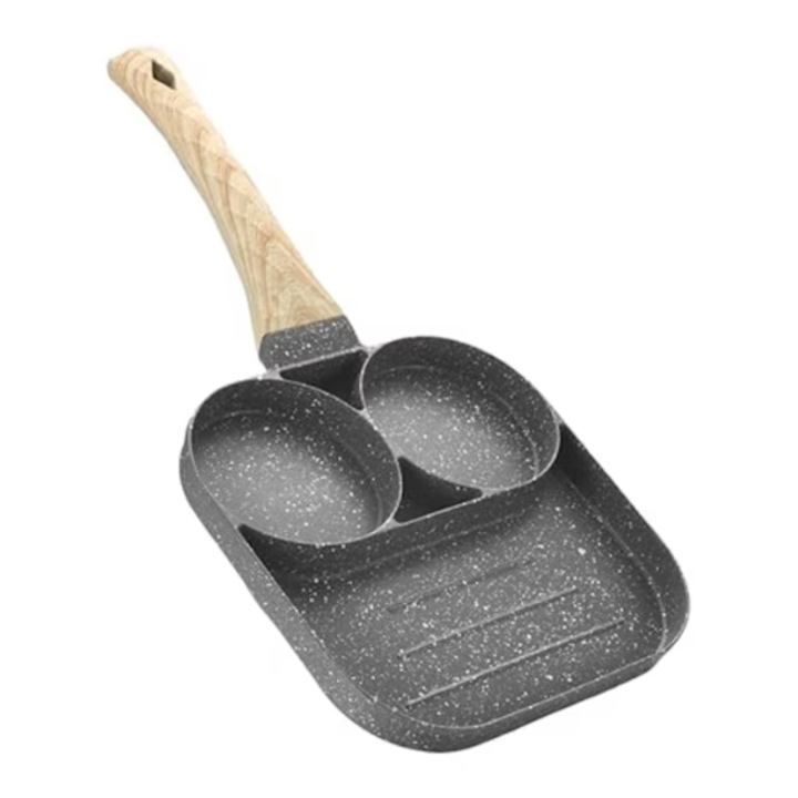 Tigaie Antiaderenta Blusmart, 3 Compartimente, Preparare Oua, Clatite, Sandwich-uri, Maner din Lemn, 15 cm, Gri Inchis