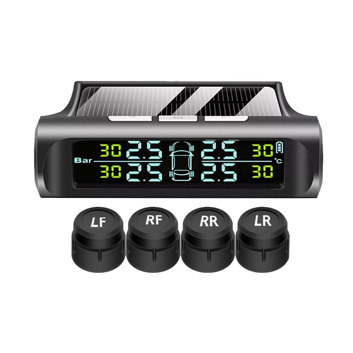 Külső TPMS gumiabroncsnyomás-ellenőrző rendszer, egypontos, 4 külső vezeték nélküli érzékelővel, hangjelzéssel, automatikus kikapcsolással, napelemes és micro USB töltéssel, LCD kijelzővel, valós idejű gumiabroncsnyomás és hőmérséklet kijelzéssel