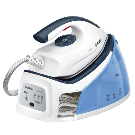 Statie de calcat Bosch TDS2140, 2400W, Talpa Palladium-Glissee, 4.5 bari, 220g/min, 1.5L, I-Temp, Calc'nClean Easy, Alb/Albastru