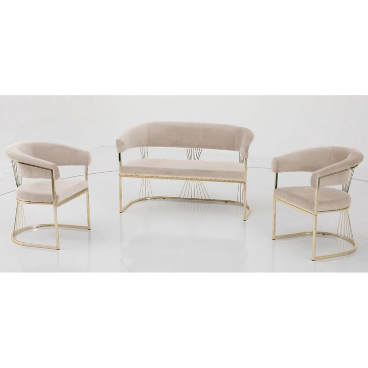 Set Canapea Golden Master Coffee Set, Casafun o canapea 2 locuri si 2 fotolii, stofa catifea, picioare si cadru metal auriu, Crem-Cappucino