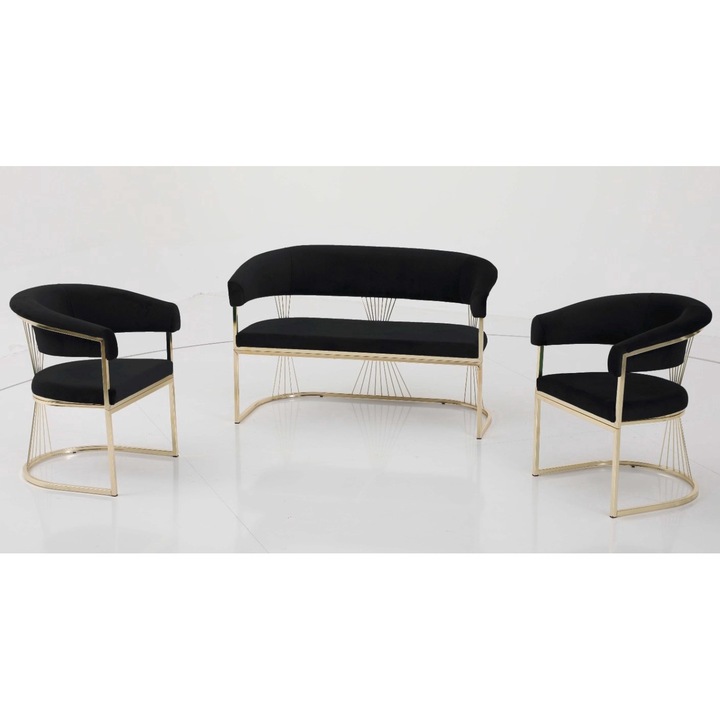 Set Canapea Golden Master Coffee Set, Casafun o canapea 2 locuri si 2 fotolii, stofa catifea, picioare si cadru metal auriu, Negru