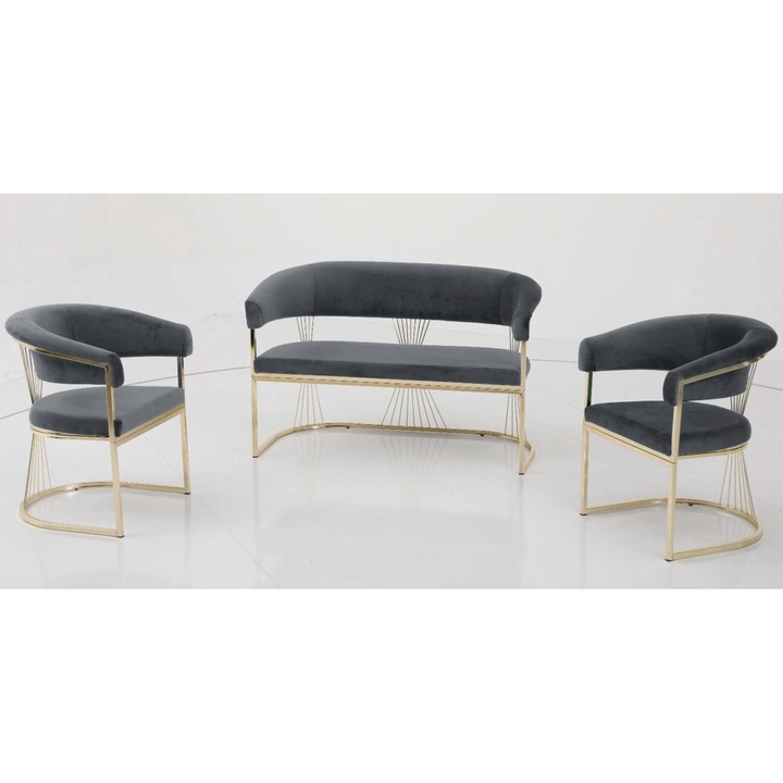 Set Canapea Golden Master Coffee Set, Casafun o canapea 2 locuri si 2 fotolii, stofa catifea, picioare si cadru metal auriu, Gri