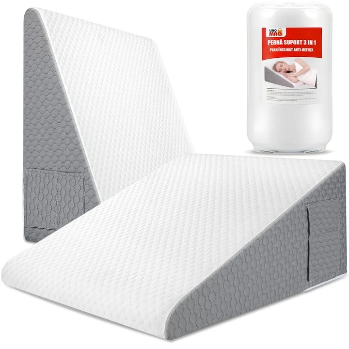 Perna Suport cu Plan Inclinat din Spuma cu Memorie, Linomag®, pentru Dormit, Antireflux, Sforait, Apnee, Recuperare, Relaxare, Citit, Lavabila, Alb/Gri carbon, 60x60x25.5cm