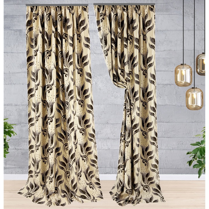 Set 2 draperii black-out, 2x150x270 cm, textura catifelata, model stilizat, bej/maro