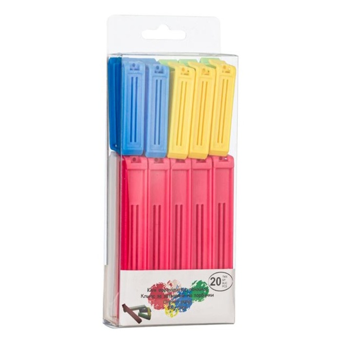 Щипки за запечатване на торбички, AVA, пластмасови, многоцветни, 20 бр.