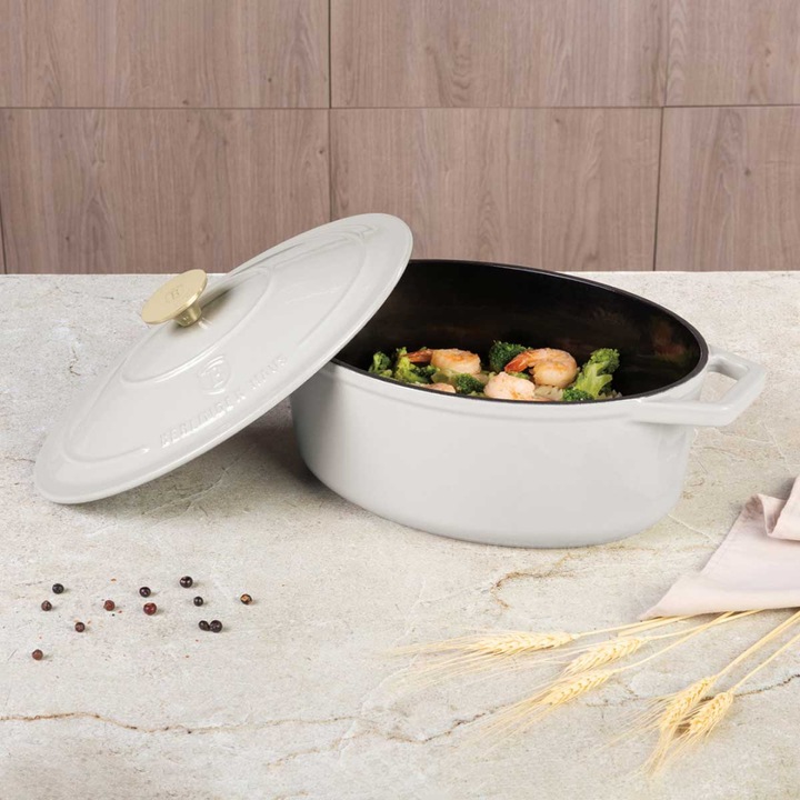 Oala din fontă Berlinger Haus Shara, 30x22cm, 4.65L, email bej, capac inclus