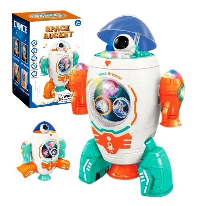 Robot interactiv pentru copii, racheta spatiala, cu lumini si sunete, rotatie 360°, roti dintate transparente, Multicolor