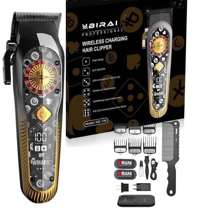 BIRAI ROULETTE Professzionális hajvágó, 9000 fordulat/perc motor, DLC titán pengék, vezeték nélküli és USB töltés, LED kijelző, vízálló, 300 perc üzemidő, ergonómikus, ideális fodrászokhoz és szalonokhoz, fekete