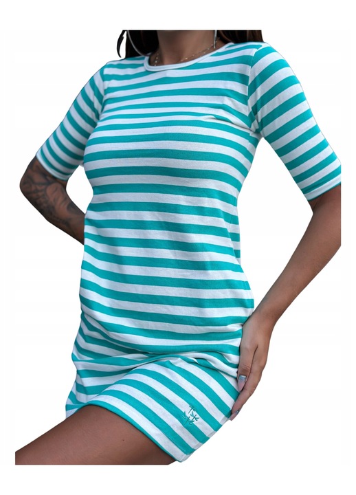 Nyári ruha, Mayflies, mini, fehér és türkiz csíkos, 100% pamut