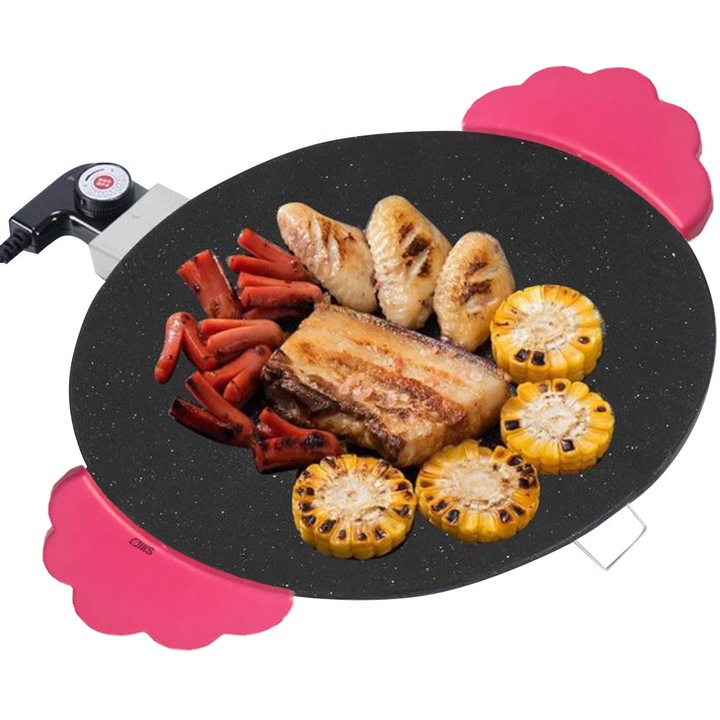 SIKS koreai elektromos grill japán főzőlappal, tapadásmentes bevonattal, 27,5 cm, 220 V, olaj nélkül sütés, alumínium, fekete/piros