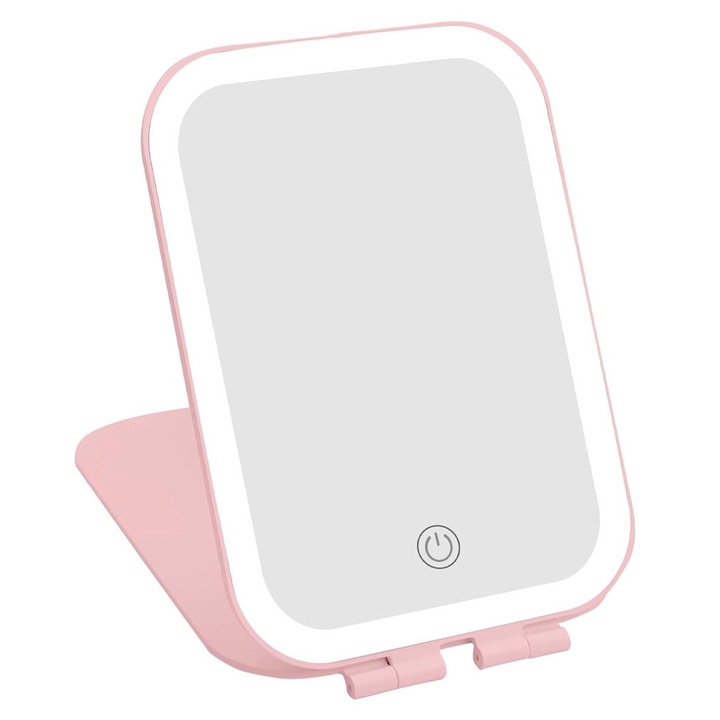 Mini Hordozható Kozmetikai Tükör AllTime Espejo Doty®, LED világítás, 3 féle lámpa, USB mellékelve, 20x13 cm, praktikus és könnyen hordozható, minimalista és elegáns dizájn, púderrózsaszín