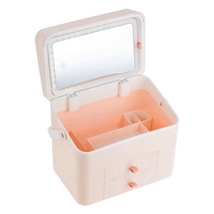 Oglinda Machiaj cu 42 de Becuri LED, Portfard cu Compartimente, 30x20x24.5cm, alb/roz