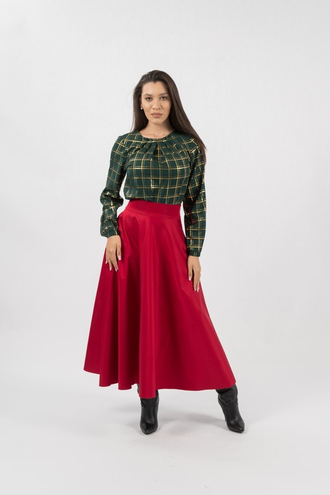 Compleu Elegant Bluza Verde si Fusta Rosie Nina - S