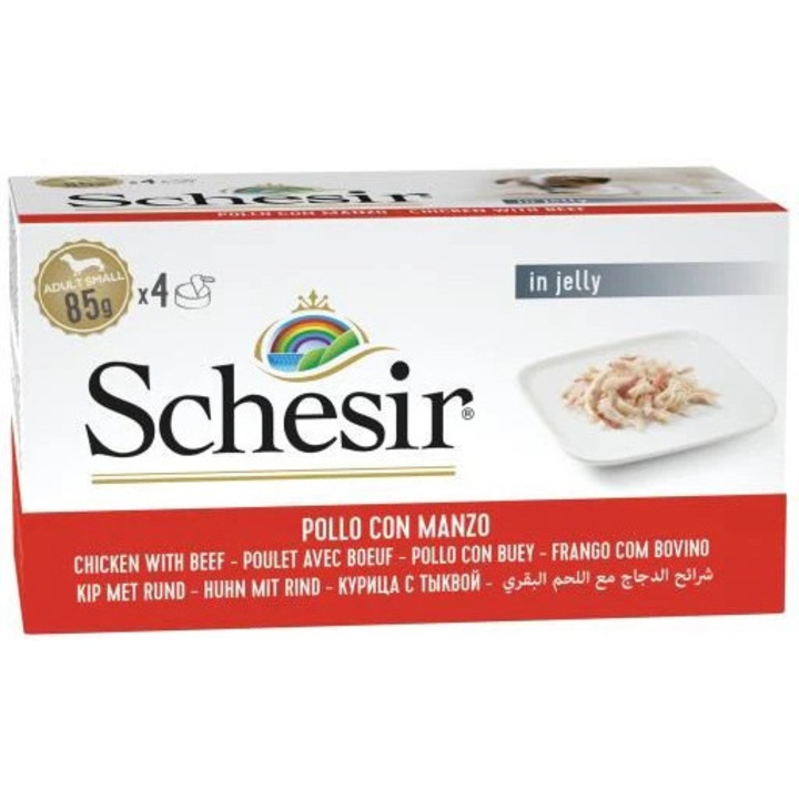 Hrana umeda pentru caini, Schesir, filete de pui, 4x85g, fara gluten, fara zahar