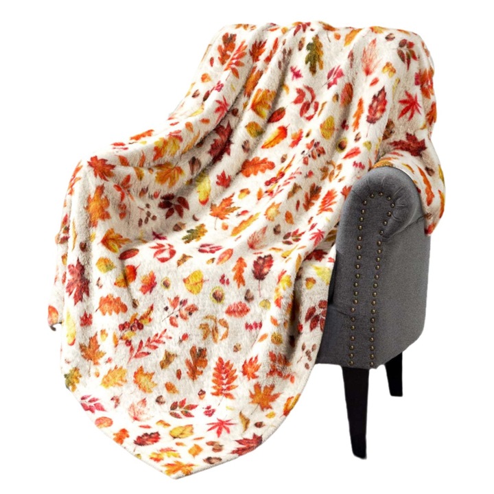 Patura flanel cu model frunze de dovleac, Enforose, galben, 130x150cm, set 1 buc.