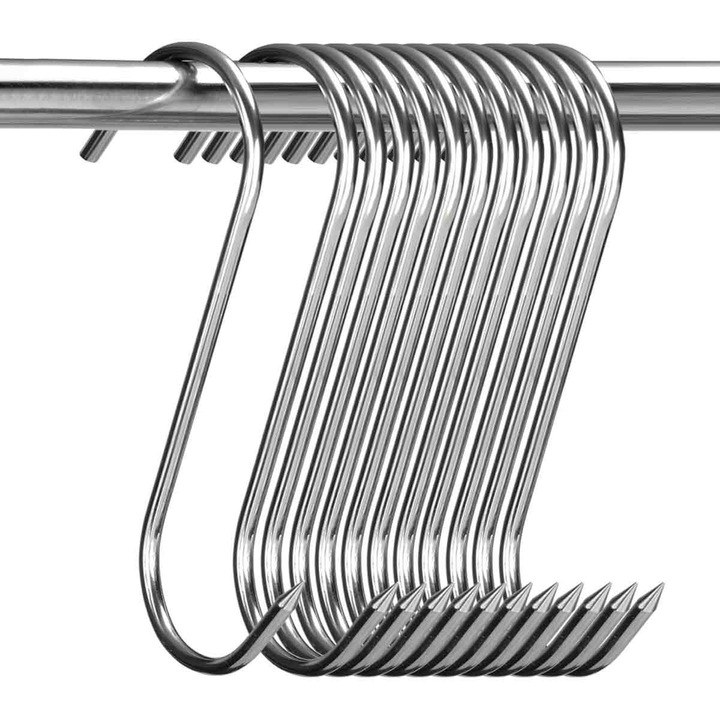 Set 20 carlige din otel inoxidabil, 18cm, 4mm, forma S, pentru agatat carne, gratar, uscare, fumare