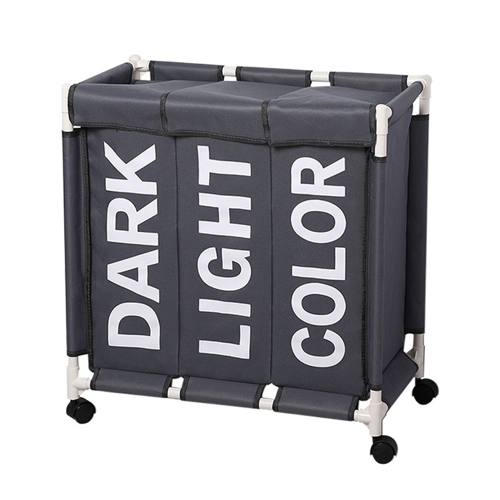 Cos de rufe, AMRINUGL, cu 3 compartimente, capacitate 90L, cu roti blocabile, metalic, cu capac