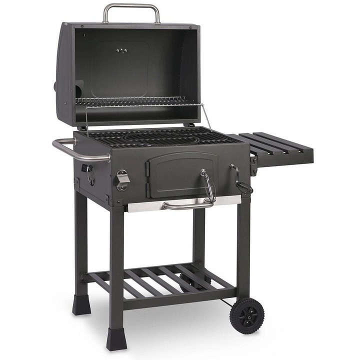 Kerti grill, szénnel, rozsdamentes acél, öntöttvas grill, 57 x 43 cm, hőmérő, praktikus kerekek, oldalsó polc akasztókkal a szerszámokhoz, antracit