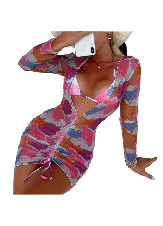 Дамски елегантен бански костюм от 2 части с рокля с дълъг ръкав, полиестер, многоцветен, S INTL
