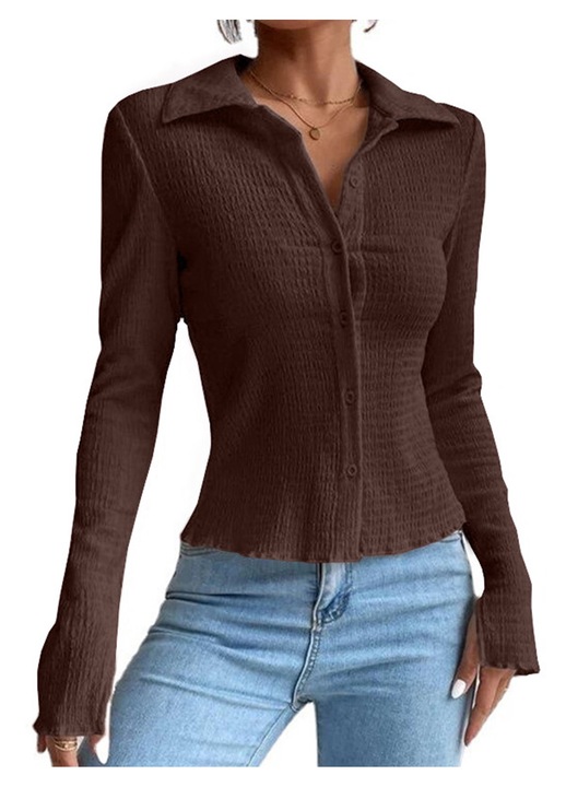 Női alkalmi ing, vékony szabású, hosszú ujjú, lehajtható gallérral, poliészter, barna, M INTL