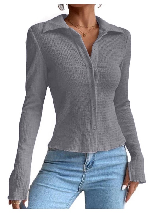 Női alkalmi ing, vékony szabású, hosszú ujjú, poliészter, szürke, 3XL INTL