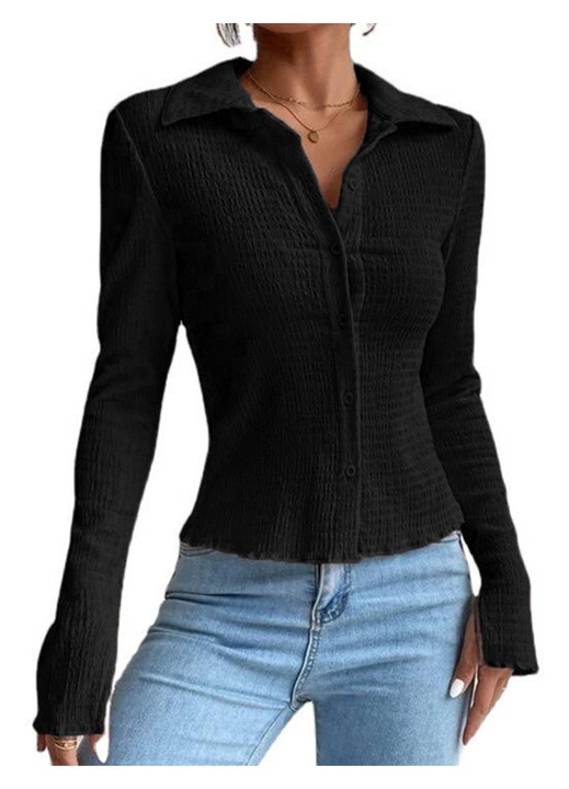 Ежедневна дамска риза, прилепнала кройка, обърната яка, полиестер, черна, M INTL