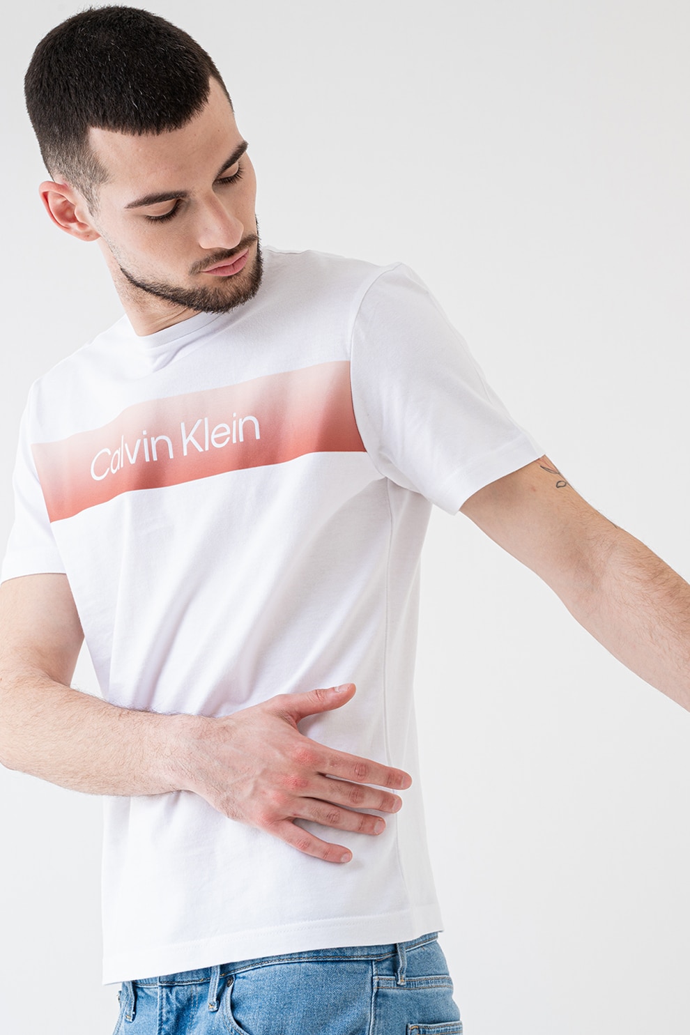 CALVIN KLEIN, Tricou din bumbac cu decolteu la baza gatului, Alb, L