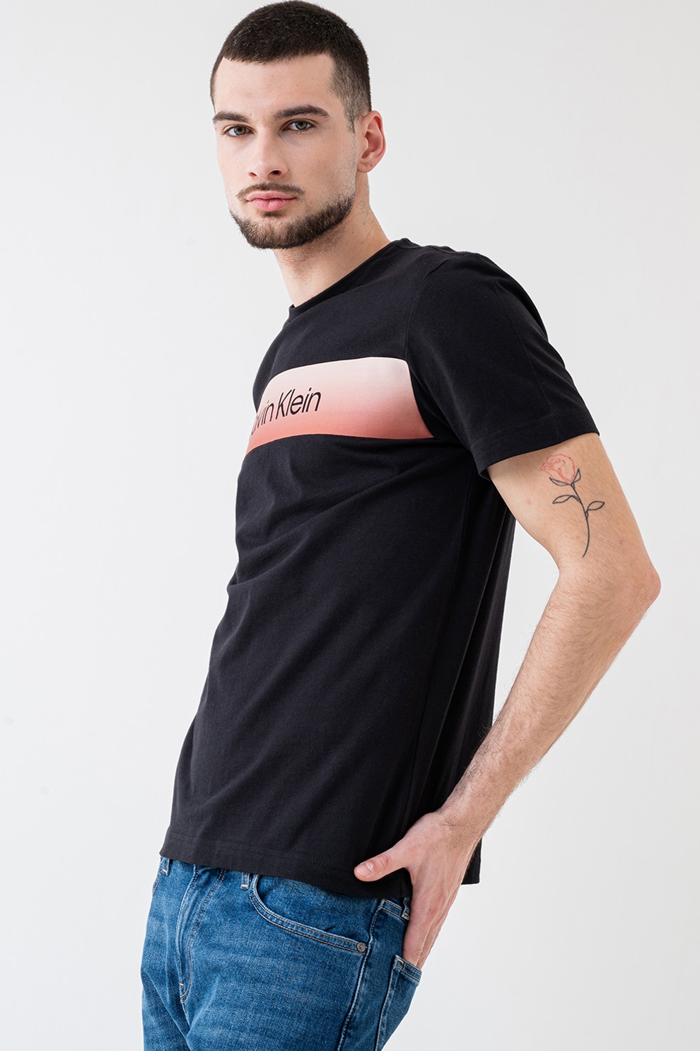 CALVIN KLEIN, Tricou din bumbac cu decolteu la baza gatului, Negru, S