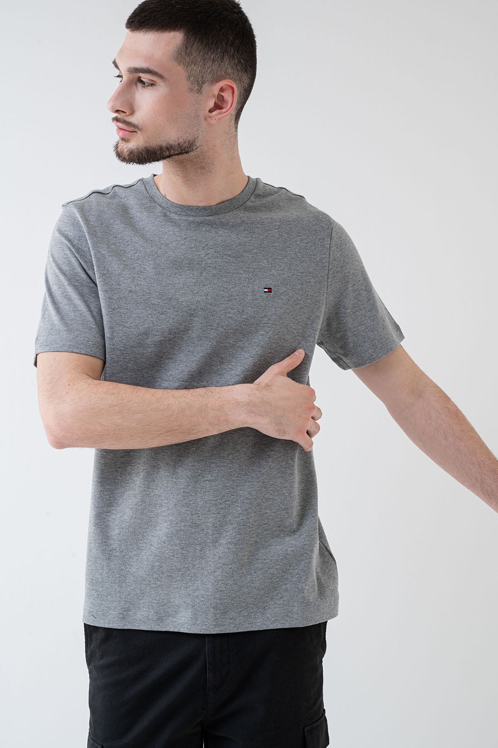 Tommy Hilfiger, Tricou de bumbac organic cu logo discret, Gri melange, S