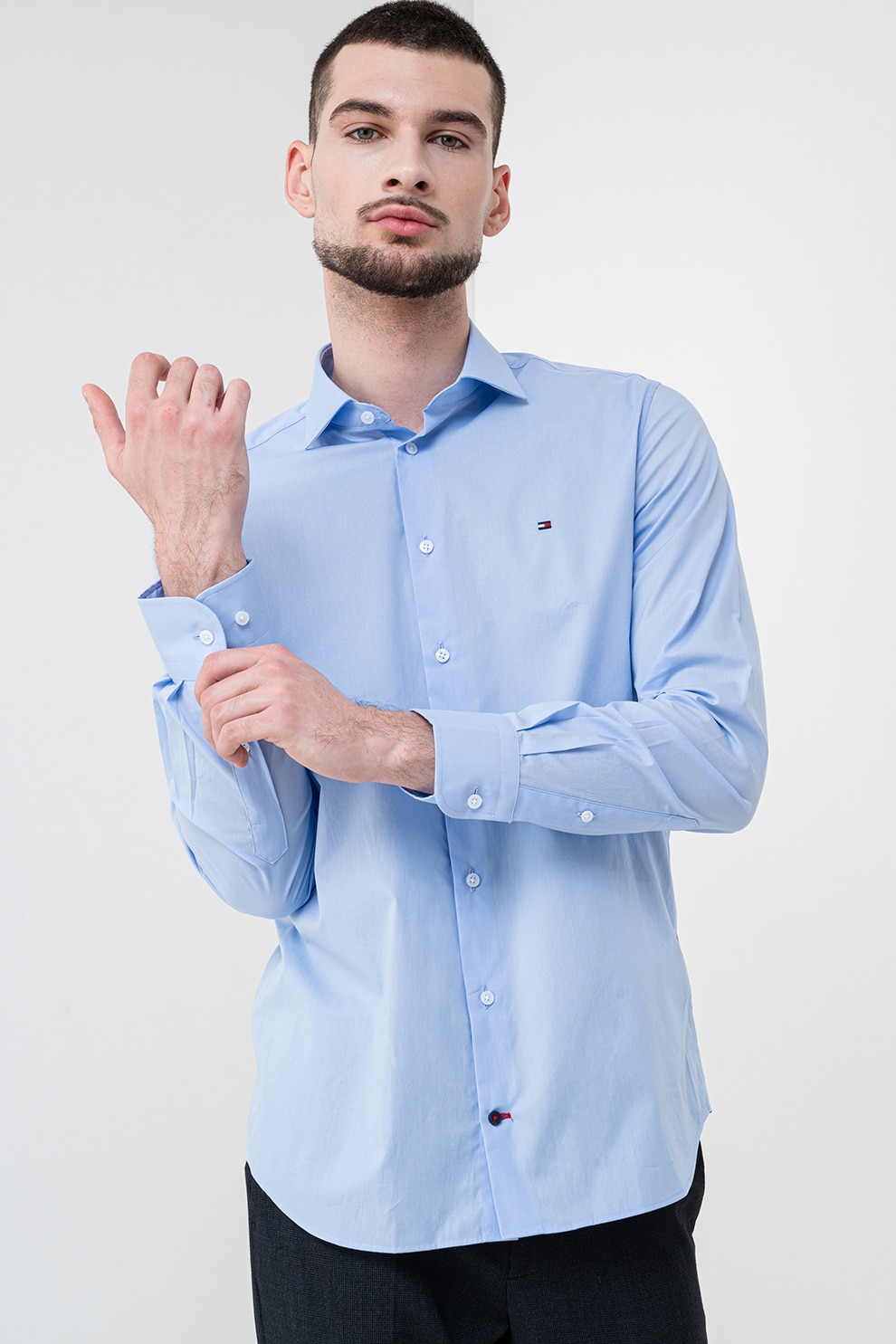 Tommy Hilfiger, Camasa slim fit din amestec de bumbac, Albastru deschis, 40