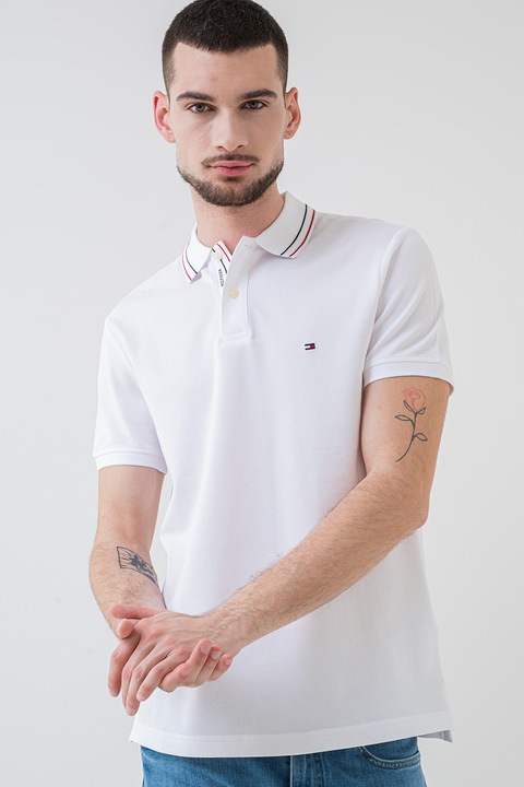 Tommy Hilfiger, Tricou polo din amestec de bumbac organic, Alb