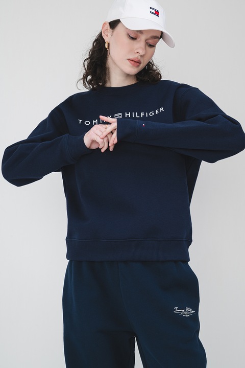 Tommy Hilfiger, Bluza de trening cu imprimeu logo si decolteu la baza gatului, Albastru ultramarin, S