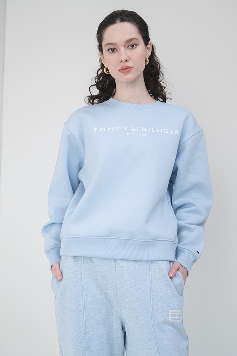 Tommy Hilfiger, Bluza de trening cu imprimeu logo si decolteu la baza gatului, Albastru deschis, L