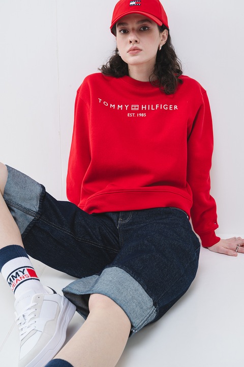 Tommy Hilfiger, Bluza de trening cu imprimeu logo si decolteu la baza gatului, Rosu, S