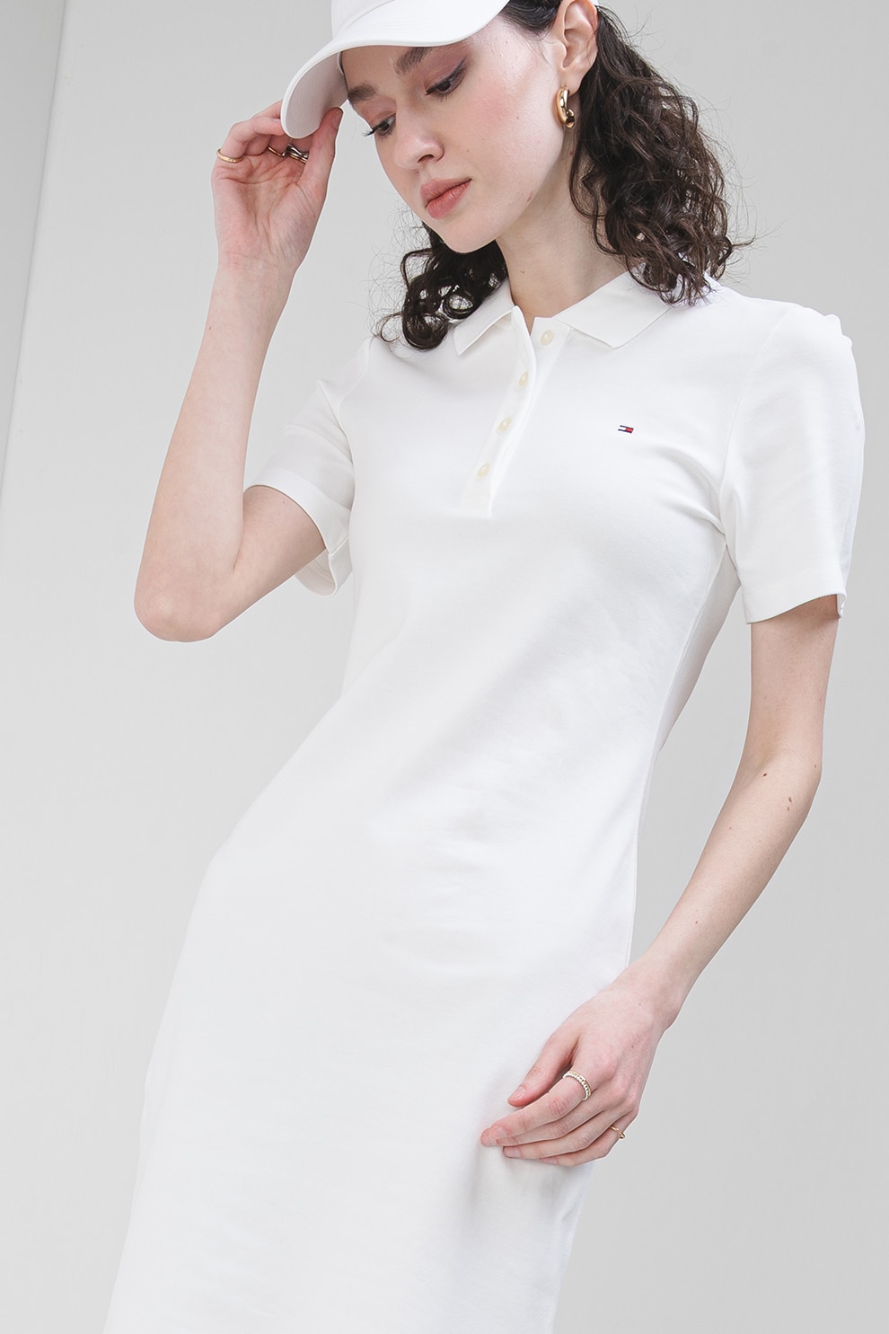 Tommy Hilfiger, Rochie polo cambrata cu logo discret, Alb, M