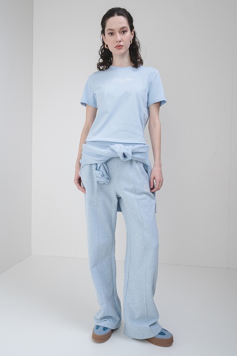 Tommy Hilfiger, Tricou de bumbac cu imprimeu logo, Albastru deschis, XS