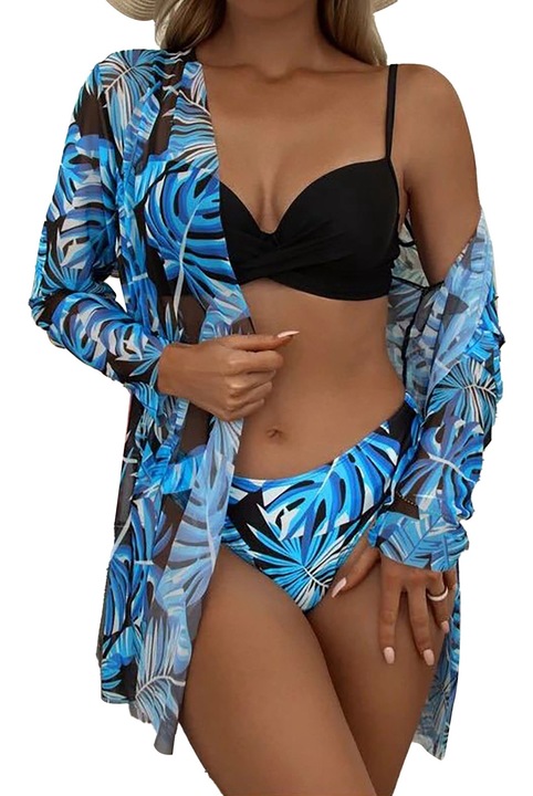 Бански костюм от 3 части, щампа на листа, полиестер, син/черен, S INTL